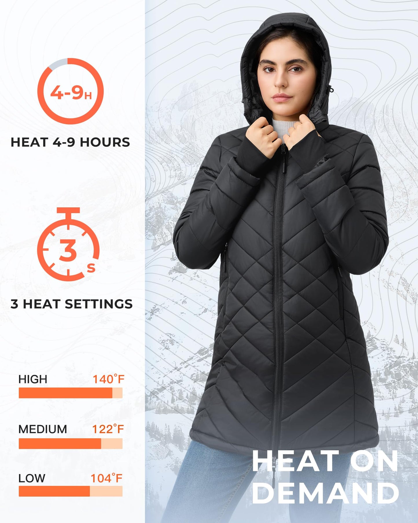 Topdot Graphene Long Heated Jackets for Women with 12V 18400mAh Battery Pack, 8 Heat Zones Hooded Heated Coat for Womens