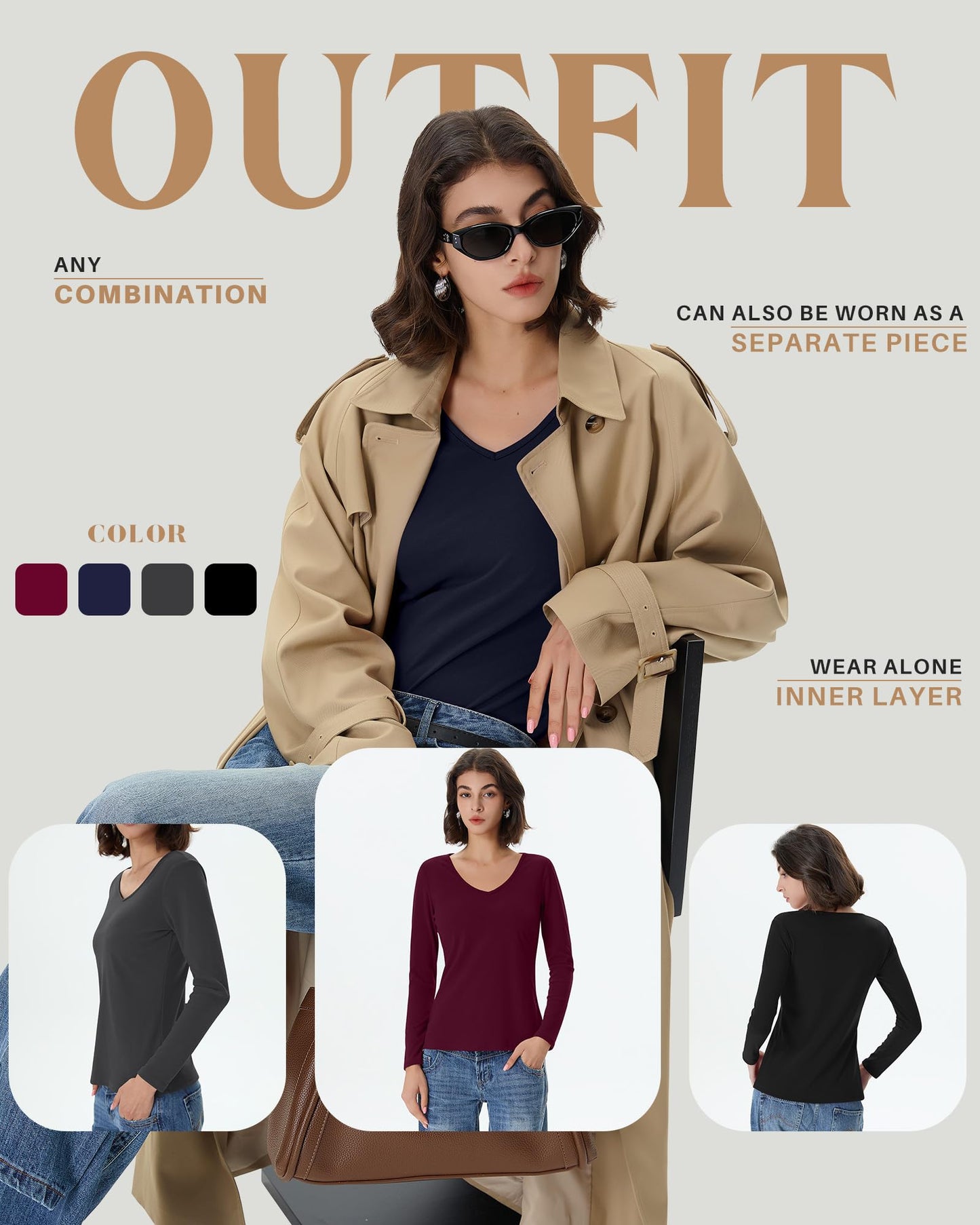 4 Pack Women's Long Sleeve Thermal Shirts Fleece Lined V Neck Slim Fit Underwear Base Layer Basic Winter Warm Tops