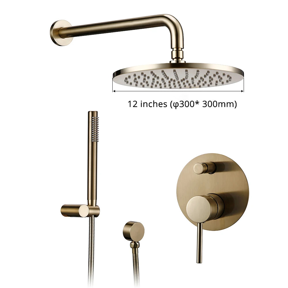 Brushed Gold Shower System Set Shower Mixer 8-12 Inch Rainfall Wall Mounted Hot And Cold Diverter Ways Bathroom Tap