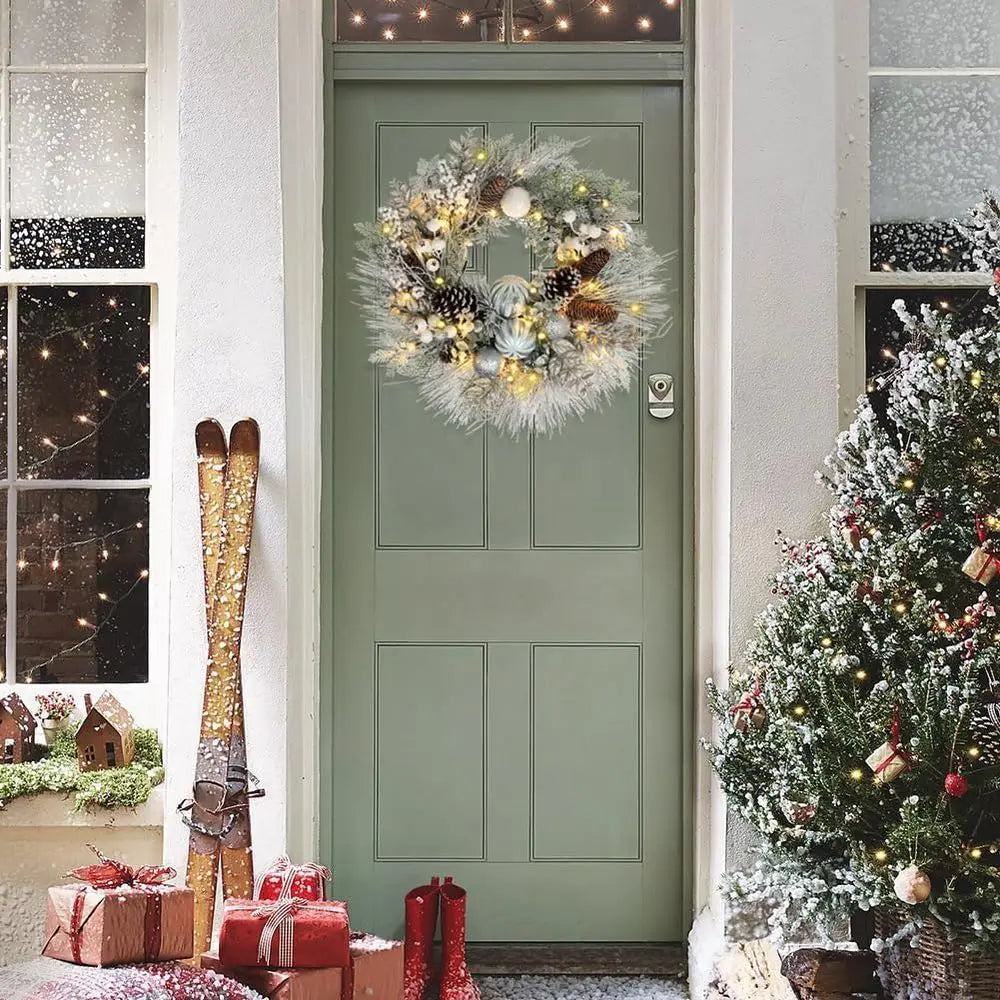 24 Flocked White Christmas Wreath with Pinecones, Berries, and Balls for Indoor/Outdoor Holiday Decor