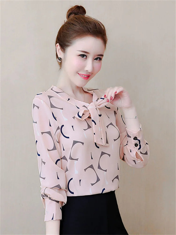 Fashion Female Elegant Bow Tie pink Blouses Chiffon Collar Casual Shirt Office Ladies Blouse Summer Blouses for Women