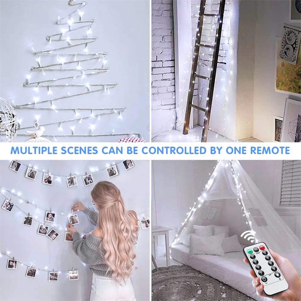Christmas Lights Outdoor Battery Power String Lights Waterproof Twinkle Fairy Mini Lights with 8 Modes Remote Indoor White