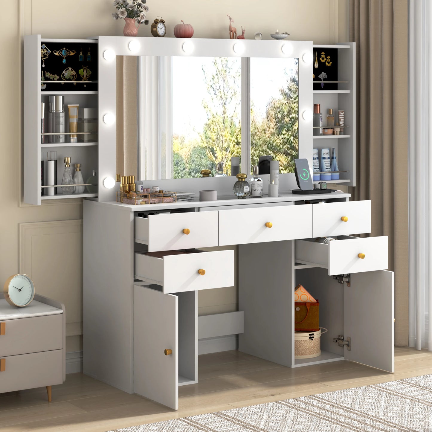 Large Vanity Desk with Lighted Mirror, Glass Top Makeup Vanity Table Set with 5 Drawers & 2 Cabinets & Stool, Power Outlet