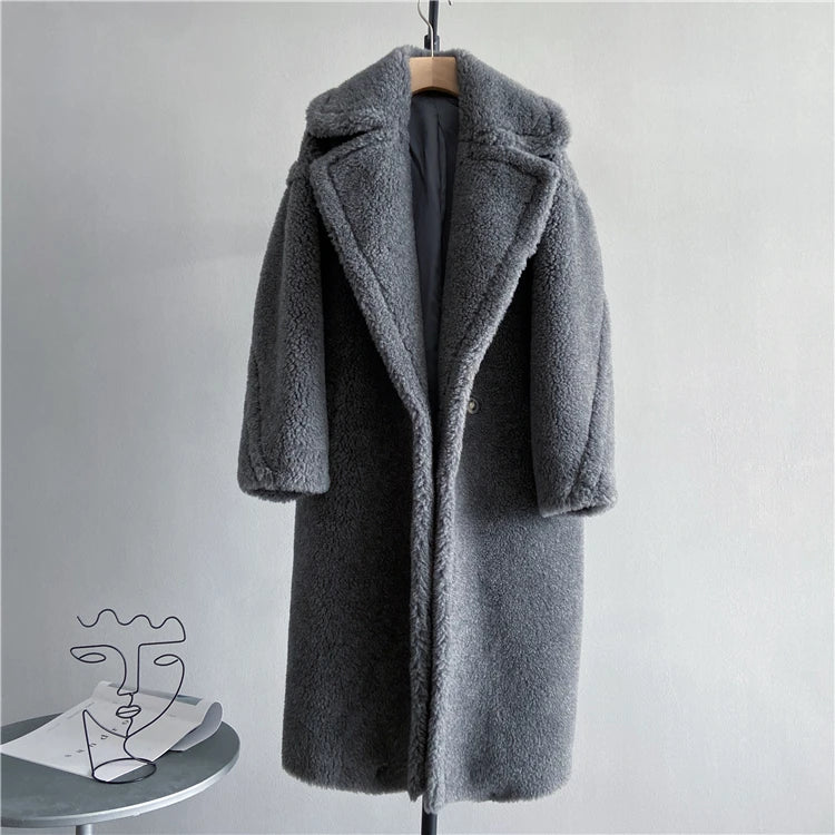 Winter Jacket Women Long Coat Wool Woven Fabric Thick Warm Outerwear Oversize Fashion Streetwear Teddy Bear Coats