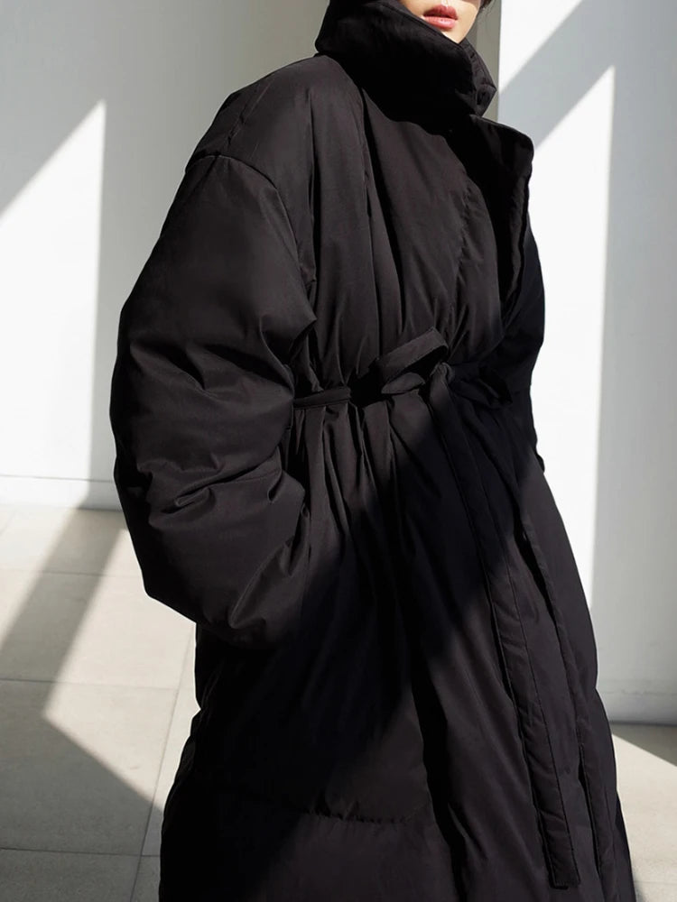 Winter New Stand Collar Long Down Jackets Loose Belt Long Sleeve Warm Coat Fashion Solid Cotton Padded Warm Down Overcoat Women