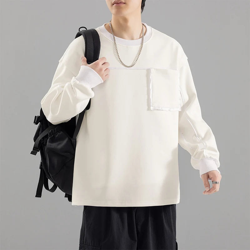 Sweatshirt Male Street Wear Clothes American Casual Decorative Stitch Round Neck Long Sleeve Unisex Couple Autumn Fashion Top