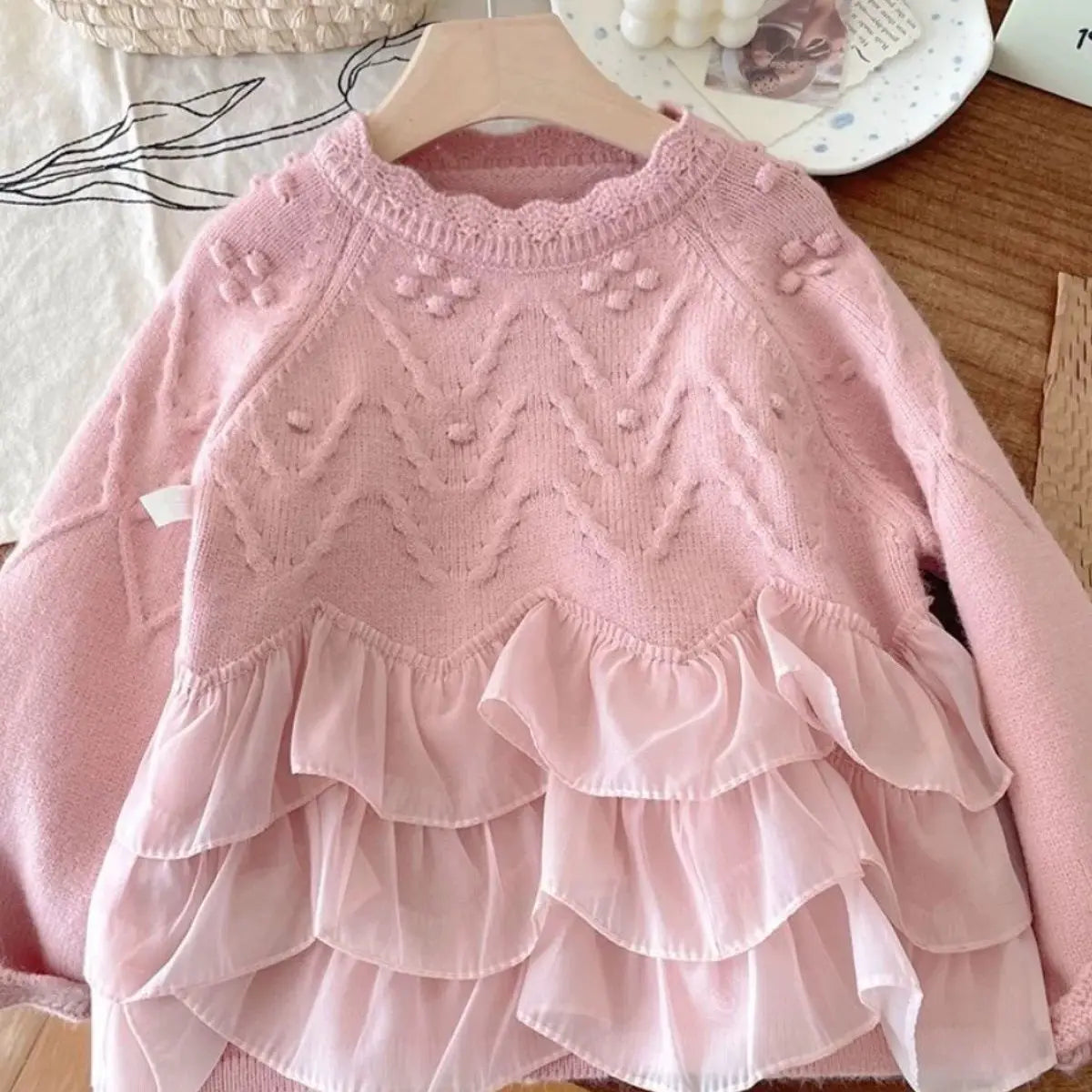 Sweaters Girls Sweater with Trendy Spring Autumn Korean Style Beautiful Lace White Top for Little Girls Princess Style 2025