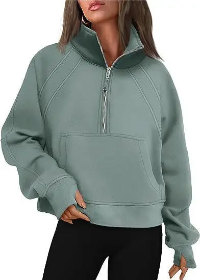 Women Sweatshirt Stand Collar Spring Autumn Solid Color Hoodie Long Sleeve Pocket Loose Half Zip Sporty Pullover Streetwear Top