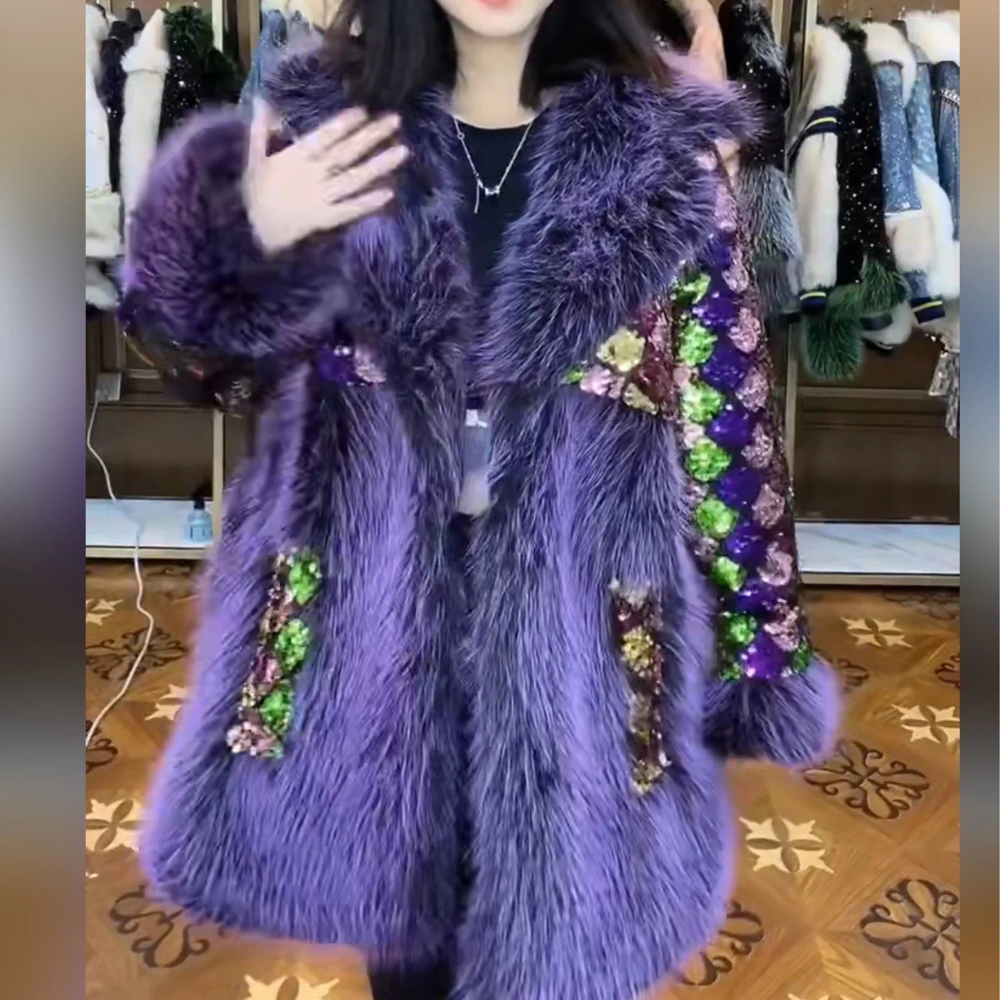 Fur Coat 2023 Winter Fashion Luxury Long Sleeve Toka Colorful Sequin Warm Fur Coat Jacket Oversized Thickened Coat Women