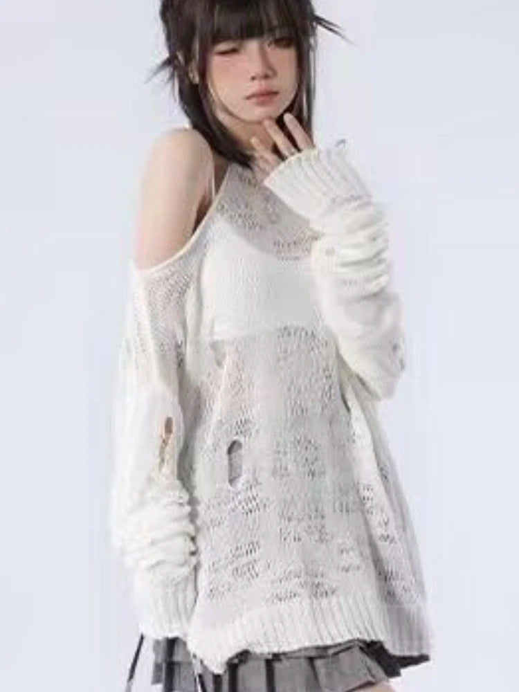Pullovers Women Hole Streetwear Personality Sheer Hotsweet Female Casual Loose Spring Korean Style Off Shoulder Comfort Sweater