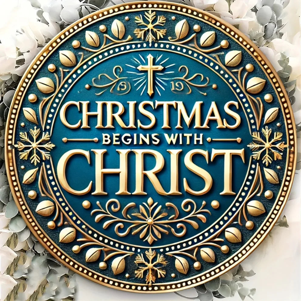 Christmas Begins with CHRIST' - Blue Christmas Sign - Metal Round Sign - For Home, Bar, Cafe, Restaurant Decor