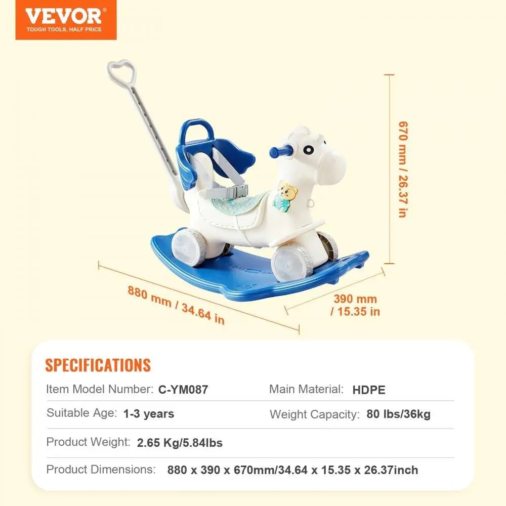 Toddler Rocking Horse for 1-3 Year Olds 4-in-1 Design Detachable Balance Board Push Handle Smooth Wheels with Sound Blue