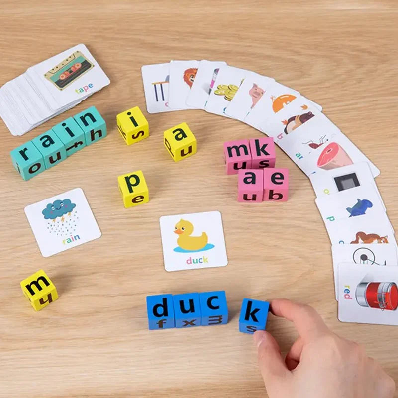 Word Spelling Game Wooden Reading Building Blocks With 40 Cards Letters Puzzle For Kids Montessori Alphabet Learning Toy