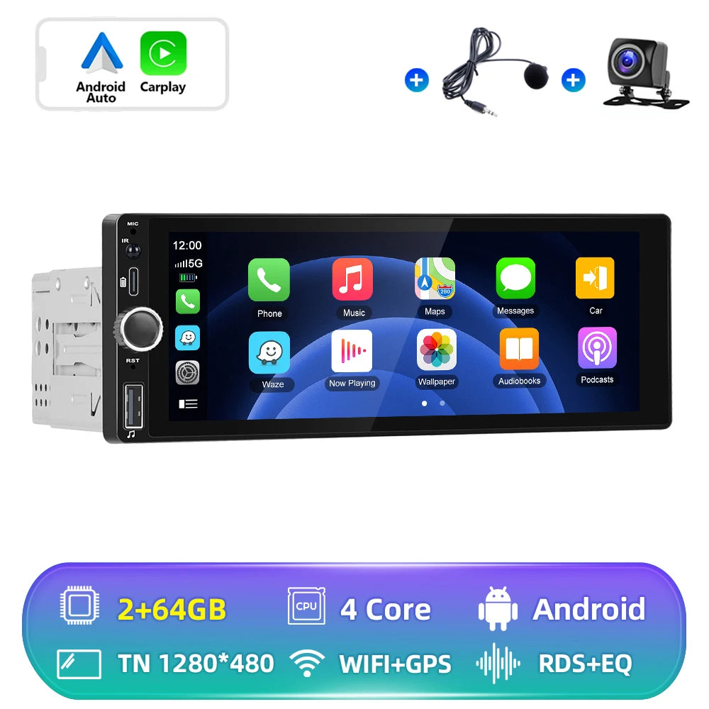 Hikity 2+64G Carplay Android 1din Car Radio Android Auto Stereo 6.86" GPS Navigation Player support FM WiFi USB Rear Camera