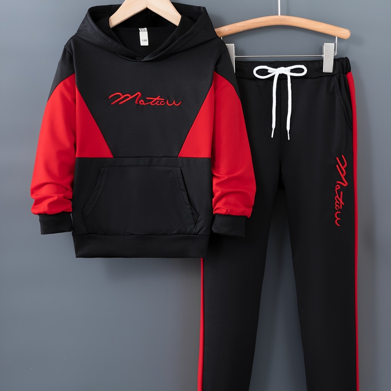 Boys' Stylish Color Block "MASTOR" Hoodie & Jogger Set - Cozy Polyester, Drawstring, Fall/Winter Casual Outfit, Jogging Suits, Perfect for Outdoor