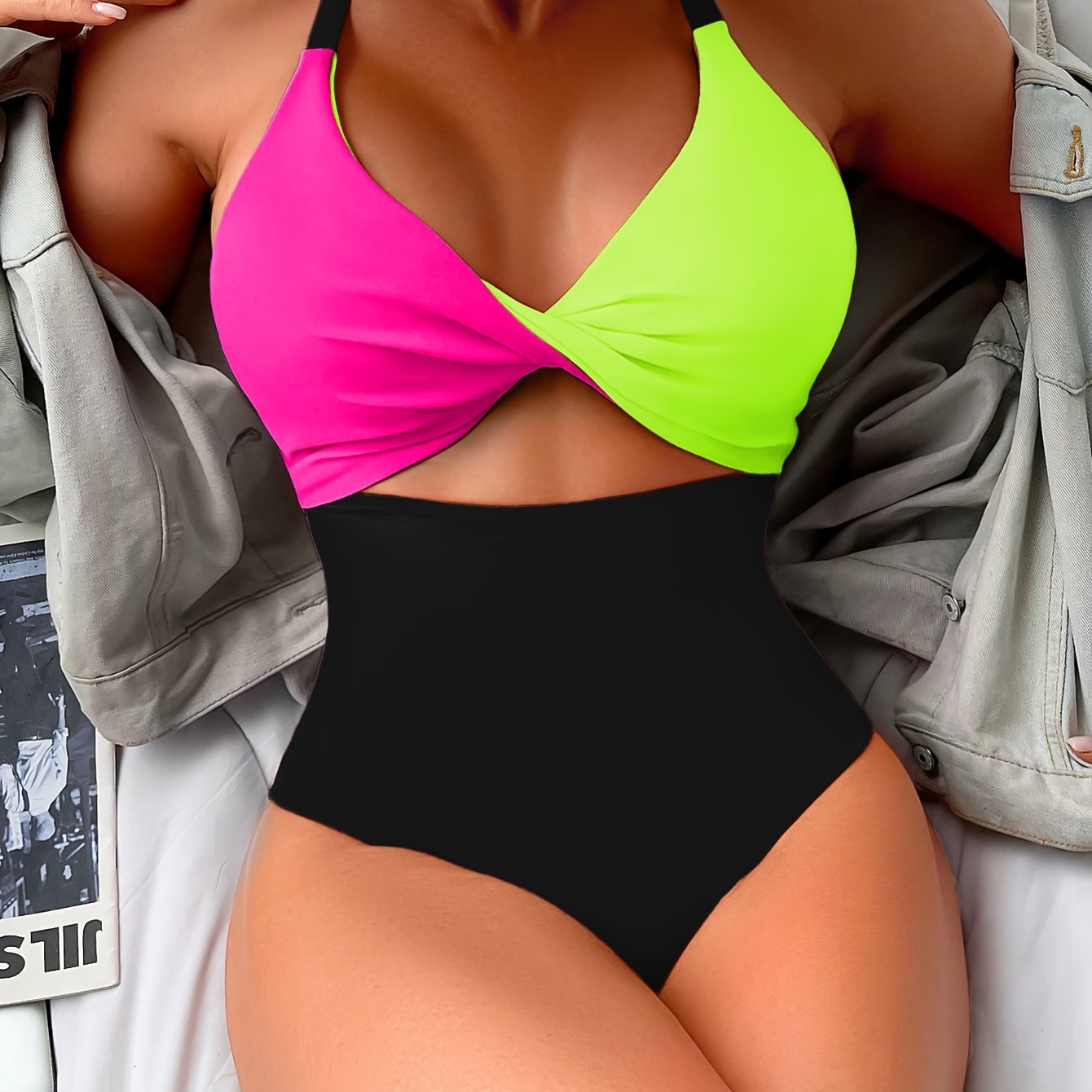 Color Block Twist Cut Out One-piece Swimsuit, Cross Back Stretchy Patchwork Bathing Suits, Women's Swimwear & Clothing