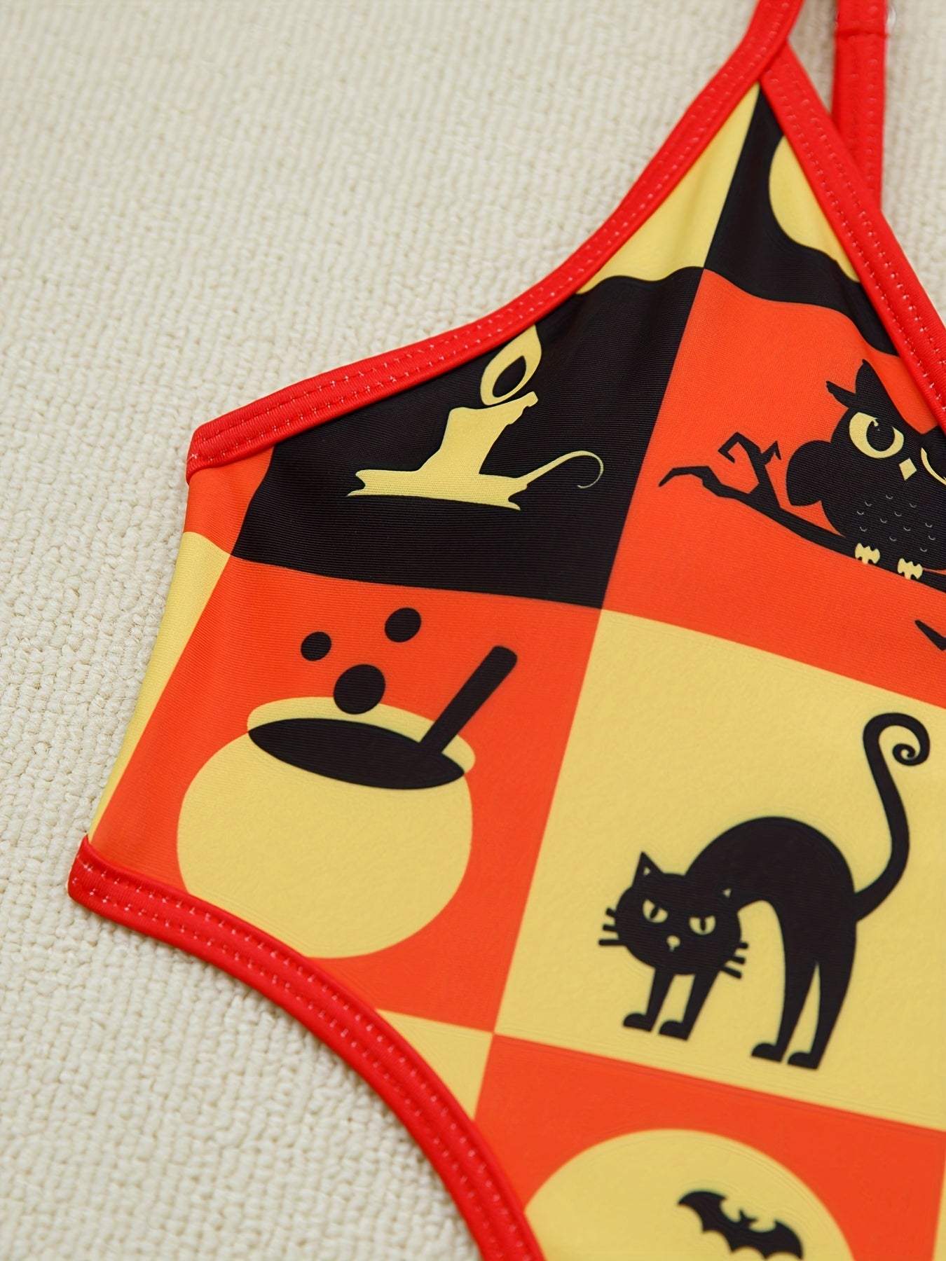 Halloween Cute Cartoon Print Cut Out One-piece Swimsuit, Cat Skull Owl Bat Spider Web Pattern Spaghetti Strap V Neck Stretchy Bathing Suits, Women's Swimwear & Clothing