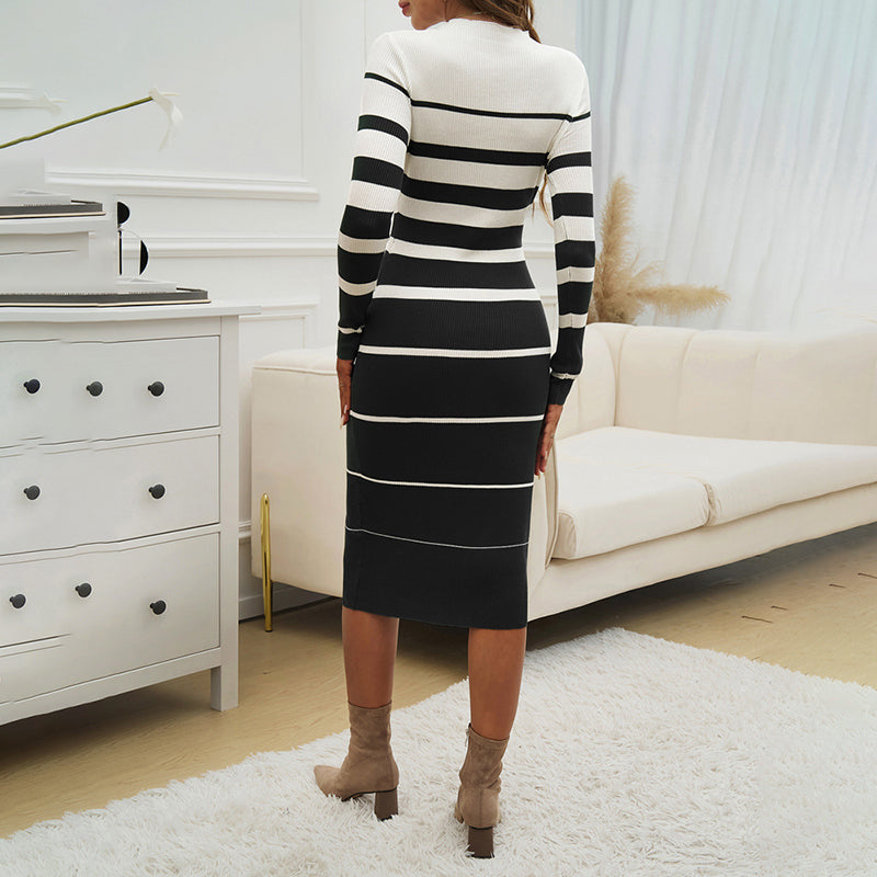 Women's Long Sleeve Bodycon Sweater Dress Round Neck Ribbed Striped Midi Dress For Dinner Dates And Formal Events