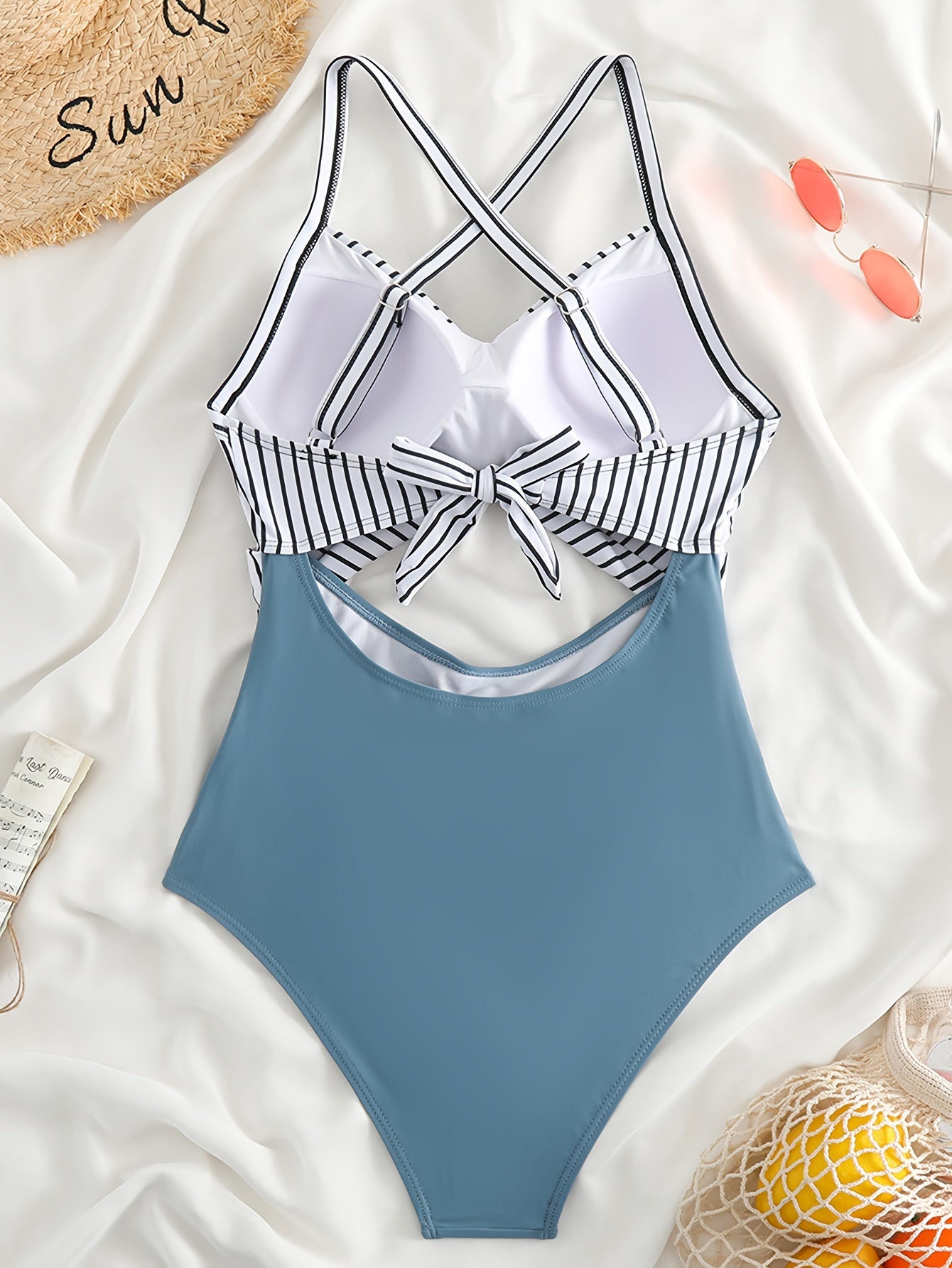 Striped Print Cut Out Twist One-piece Swimsuit, Criss Cross Tie Back Stretchy Bathing Suits, Women's Swimwear & Clothing