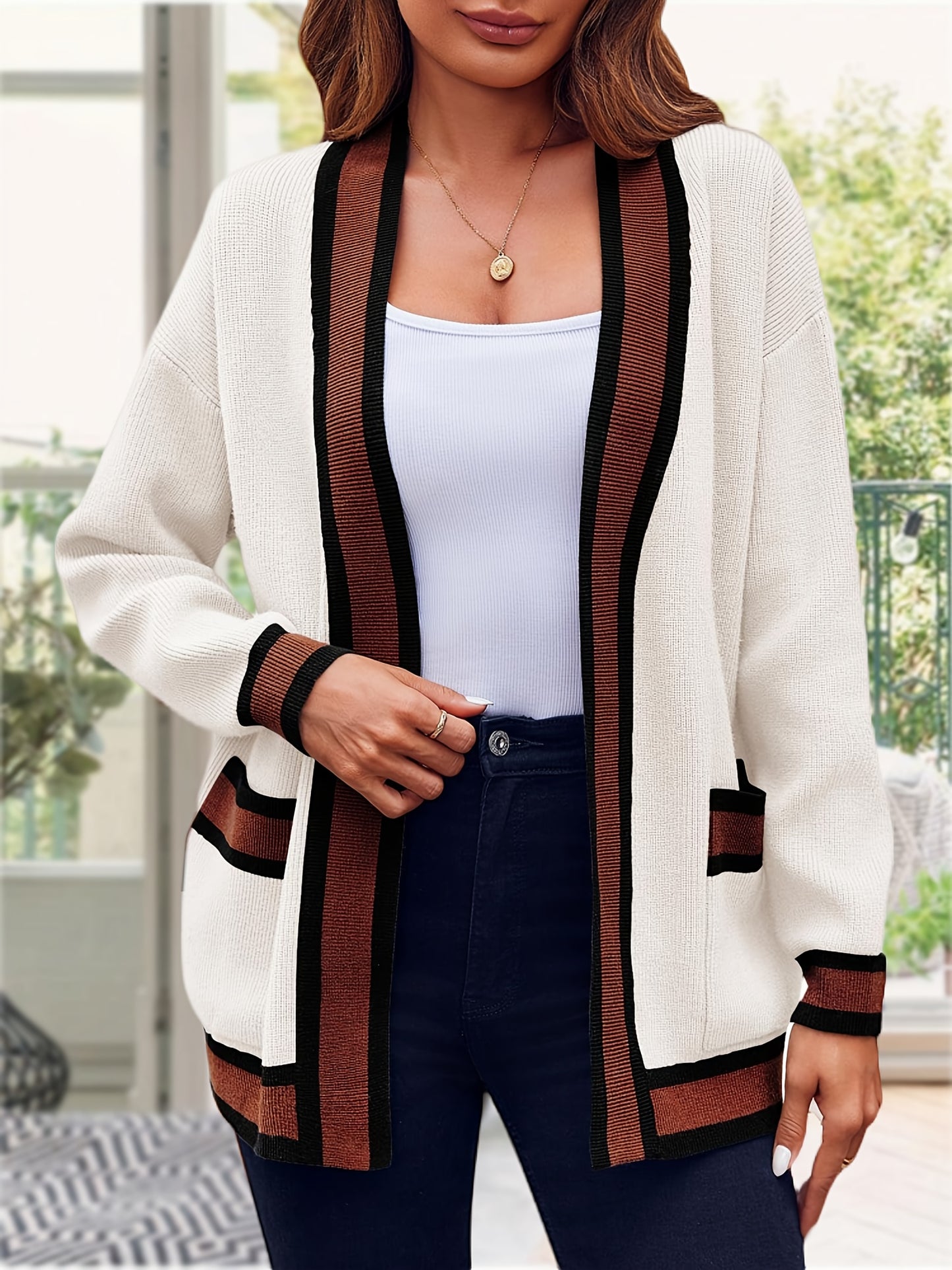 Womens Sweaters Color Blocked Knit Cardigans Oversized Soft Trending Coat 2024 With Pockets