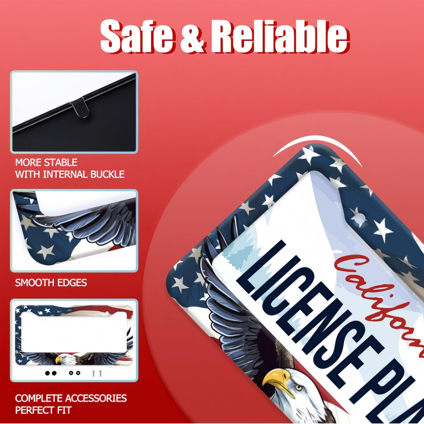 1pc American Flag Eagle License Plate Frame, Patriotic Colorful Metal Rustproof Car Parts, Funny Trim with Screws, 12.3" x 6.3, for Men & Women
