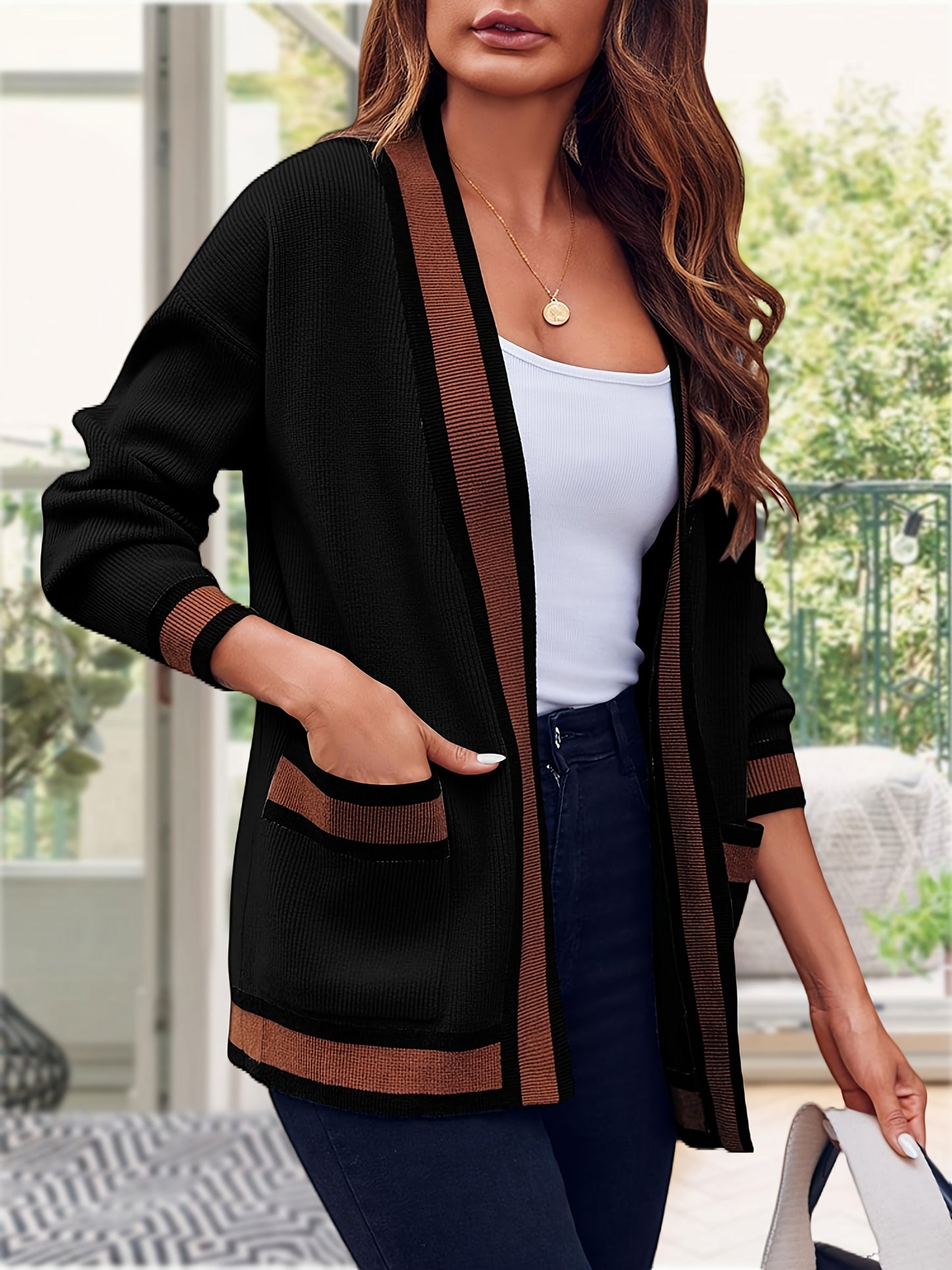 Womens Sweaters Color Blocked Knit Cardigans Oversized Soft Trending Coat 2024 With Pockets