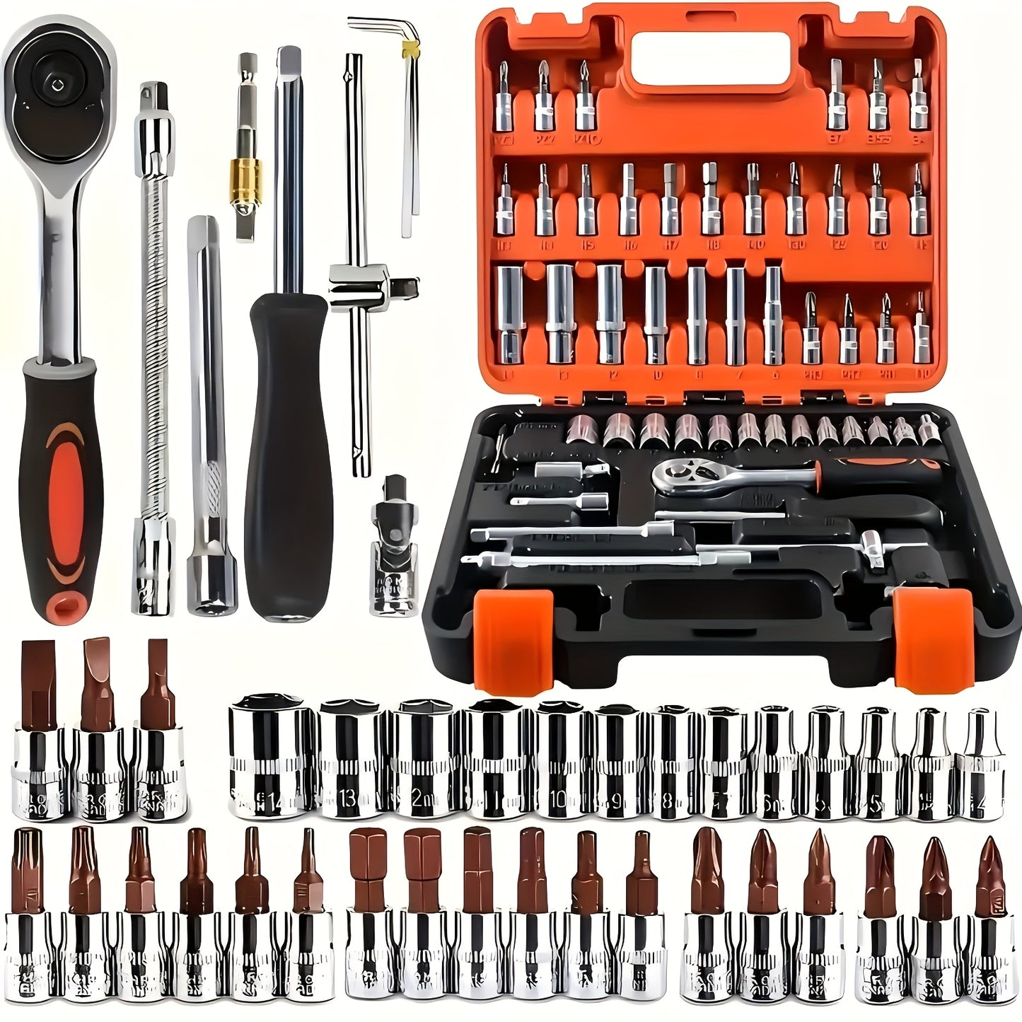 High-End Professional 53&121pcs Tool Set, Car/Bike Repair Machinery Tool Set, 1/2*1/4 "3/8" Drive Depth And Standard Socket, Professional Racing Car Parts Repair Ratchet Wrench And Other Car Repair Parts Tool Set