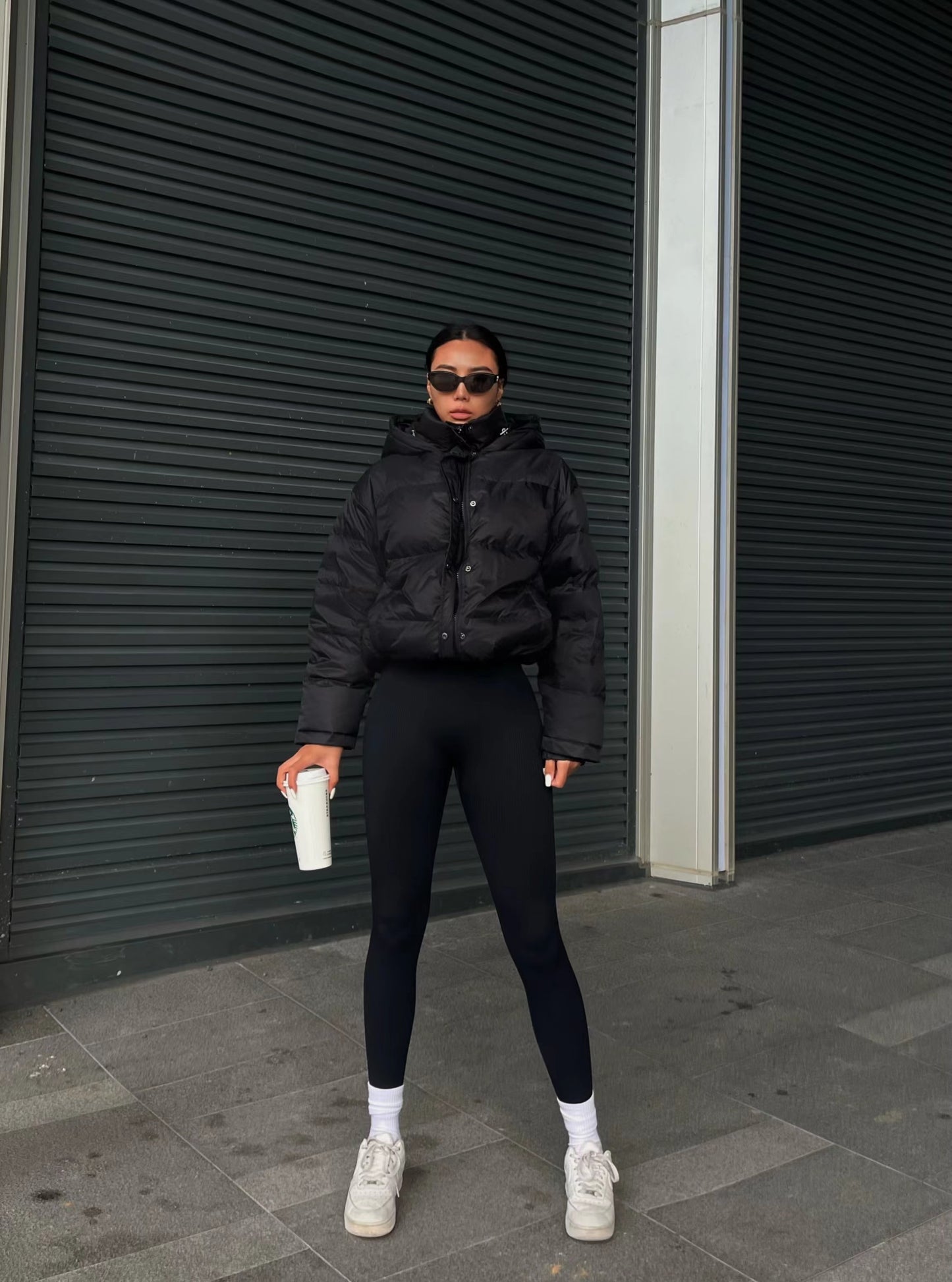 Women's Stylish Black Hooded Puffer Jacket - Casual Short Warm Outerwear with Drawstring Design, Long Sleeves, and Button-Up Front for Winter Comfort, Winter Jacket