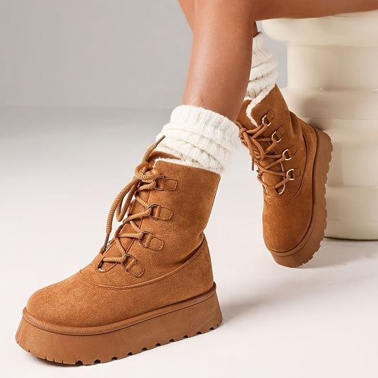 Snow Boots Platform Boots Winter Boots For Women Mid Calf Lace Up Women'S Boot Cozy Boots Fleece Lined Boots Trending Shoes For Womens Warm Faux Fur Shoes