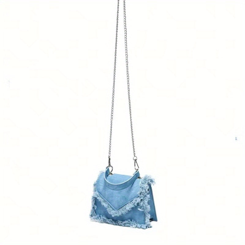 Women's Denim Tassel Mini Handbag - Chic Y2K Fashion, Trending Chain Crossbody Bag for Stylish On-The-Go