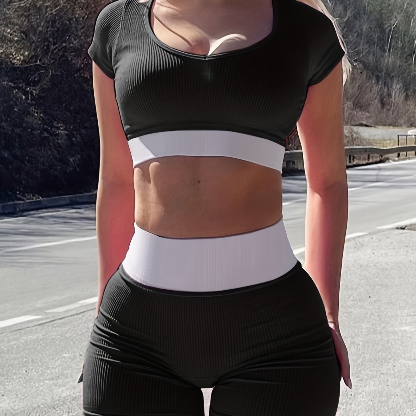 2pcs Contrast Color Sports Suits, Ribbed U-neck Cropped Yoag Sports Tee & High Waist Shorts, Women's Activewear