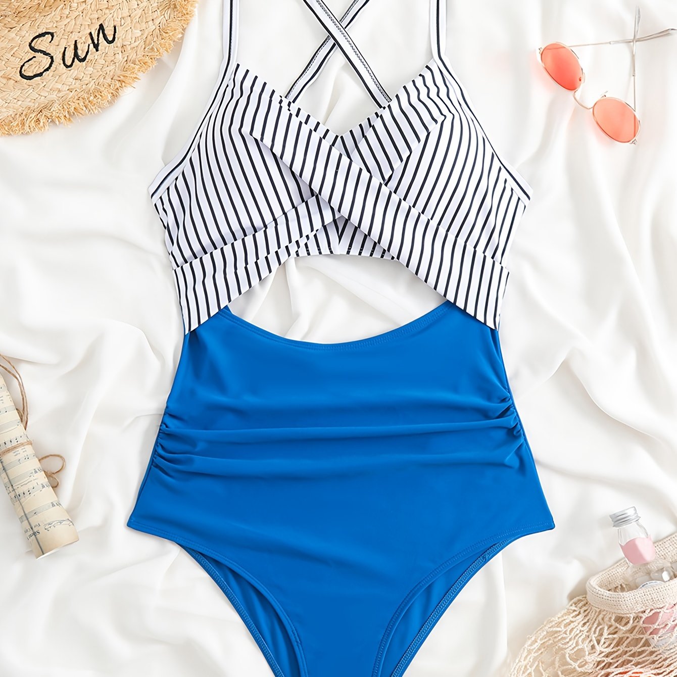 Striped Print Cut Out Twist One-piece Swimsuit, Criss Cross Tie Back Stretchy Bathing Suits, Women's Swimwear & Clothing