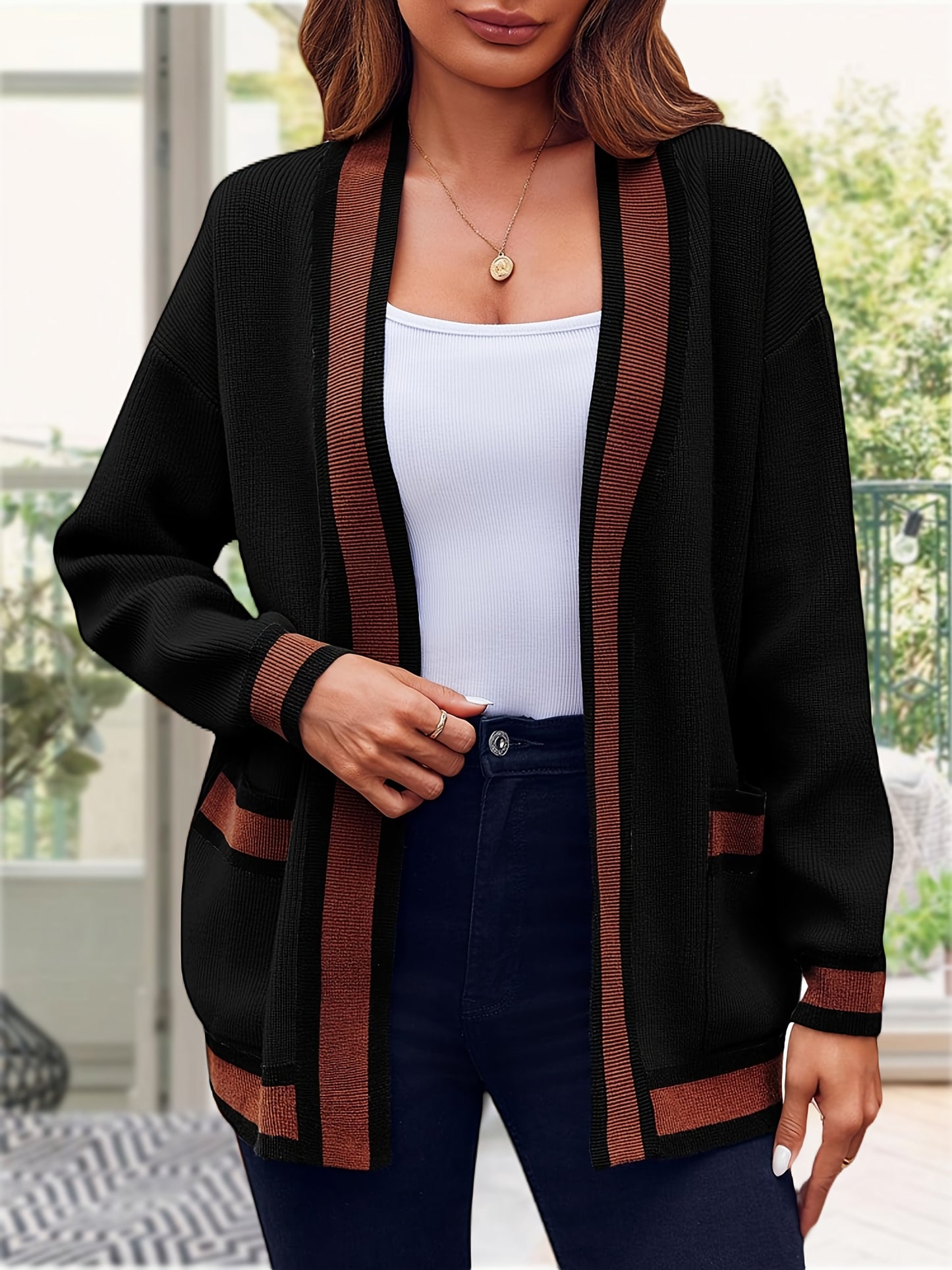 Womens Sweaters Color Blocked Knit Cardigans Oversized Soft Trending Coat 2024 With Pockets