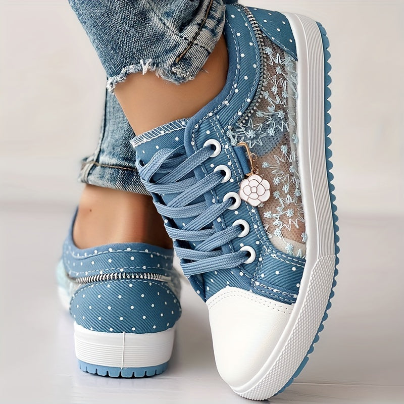 Women's Floral Mesh & Cover Casual Sneakers - Breathable Low-Top Lace-Up Round-Toe Spring Shoes with Sole for Casual Attire, Ladies Sneakers, Comfortable Footwear, Durable Traction Footwear ChicMe