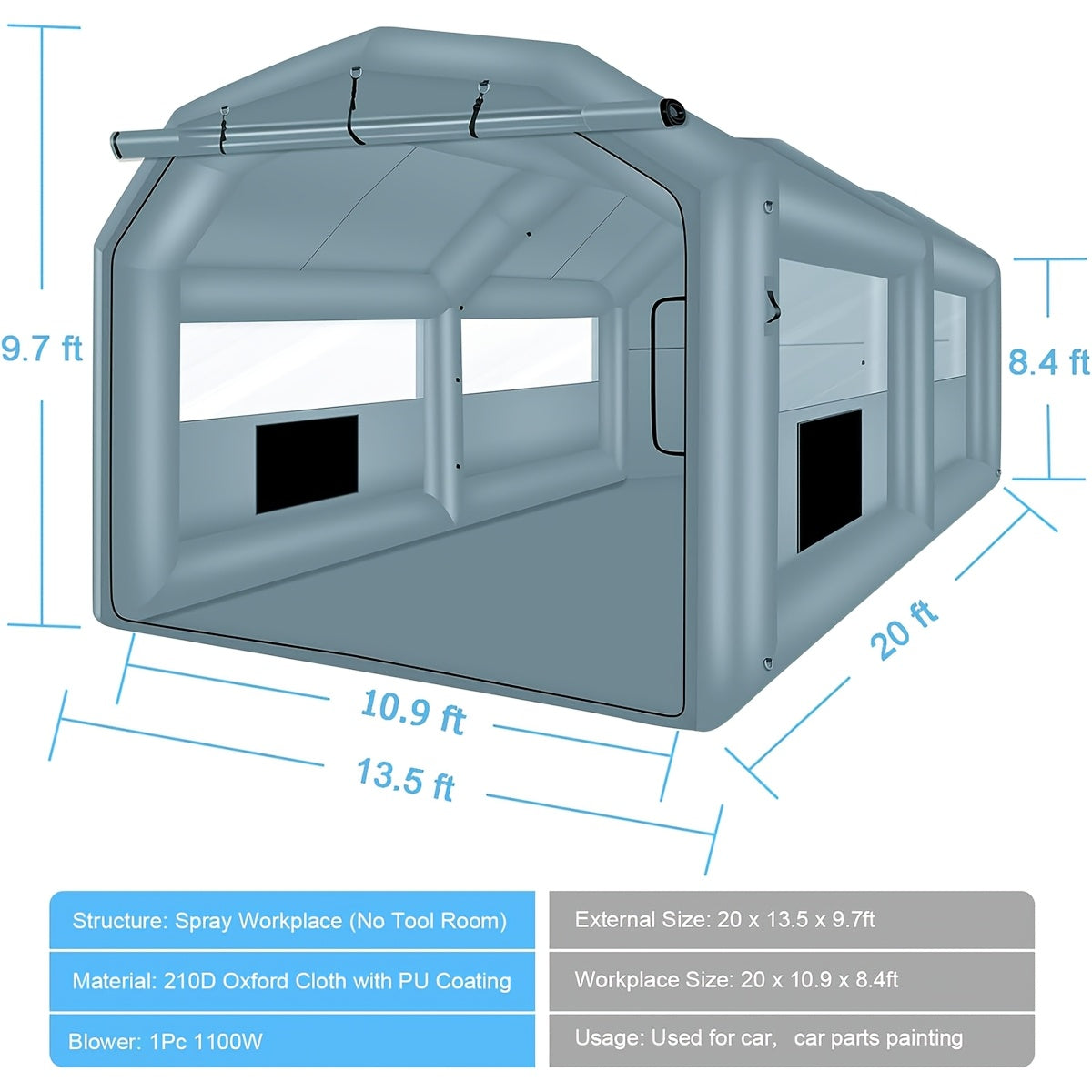 [Inflatable Paint Booth] Portable Inflatable Paint Booth 20 X 13.5 X 9.7ft/13.5 X 8.5 X 8.5ft - Inflatable Paint Booth Tent W/1100W Blower & 750W Blower For DIY Spray Car Parts Painting Motorcycle Garage