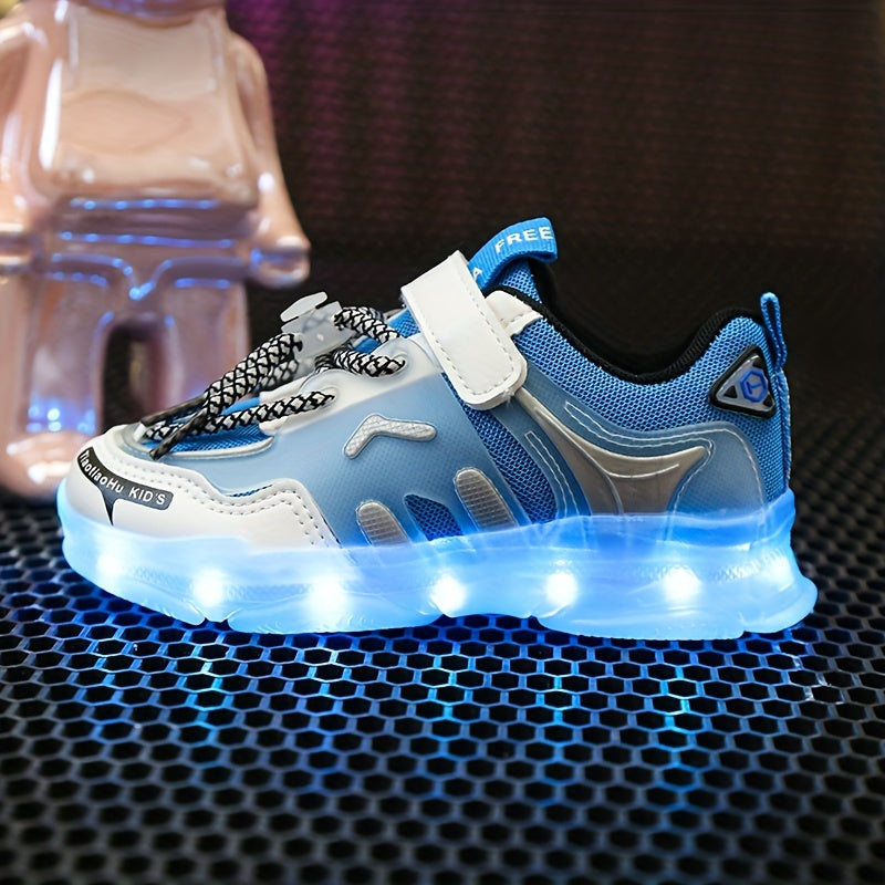 GUANGLAN Kids Light-Up Sneakers - Breathable Mesh Sneakers with LED Lights, Orange & White, Lace-Up Closure, Lightweight & Durable for Boys & Girls, Spring/Summer Casual Shoes, Shoes for Girls, Vibrant Youngsters Footwear, St