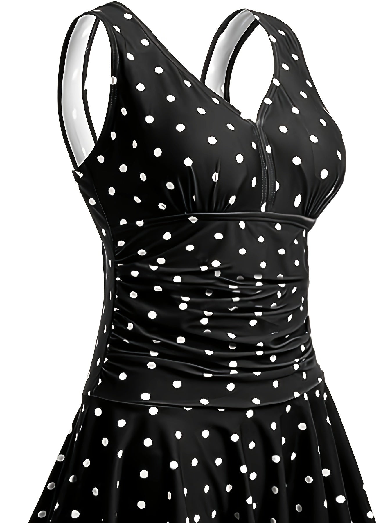 High Stretch Retro Polka Dots Print One-piece Swimsuit, V Neck Ruched Tummy Control Swim Dress Bathing Suits for Women
