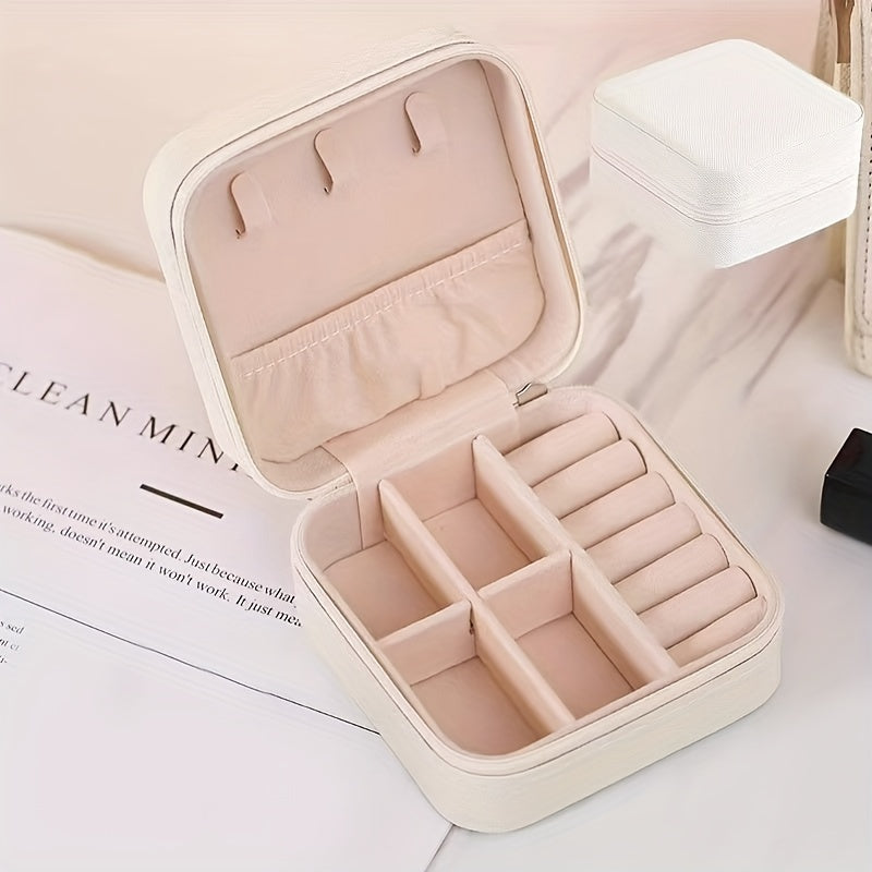 ZFOCEAN Portable Jewelry Organizer Box with Zipper Closure - Compact Travel Case, Soft Interior Lining, Elegant Beige/White/Black - for Rings, Earrings, Necklaces, Bracelets - Perfect Gift for Women, Birthday, Christmas, Vale