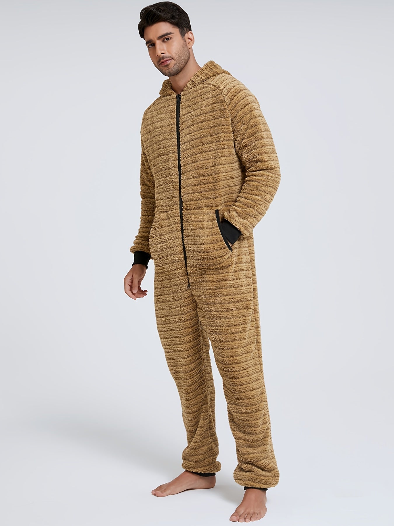 Men'S Heavy-Duty Full-Zip Hooded Onesie - Long Sleeve Winter Sleepwear, Thermal Insulated Lounge suit with Drawstring Hood, Loose Fit Onesie for Cold Weather, Christmas Costume & Everyday Indoor/Outdoor Use - Easy Zipper Clos