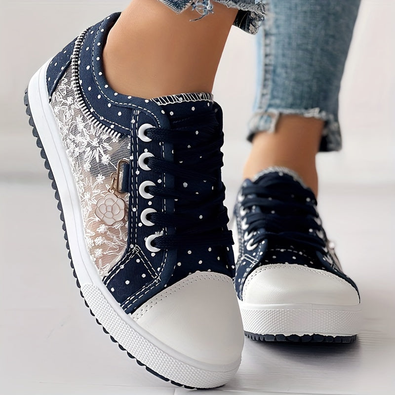 Women's Floral Mesh & Cover Casual Sneakers - Breathable Low-Top Lace-Up Round-Toe Spring Shoes with Sole for Casual Attire, Ladies Sneakers, Comfortable Footwear, Durable Traction Footwear ChicMe