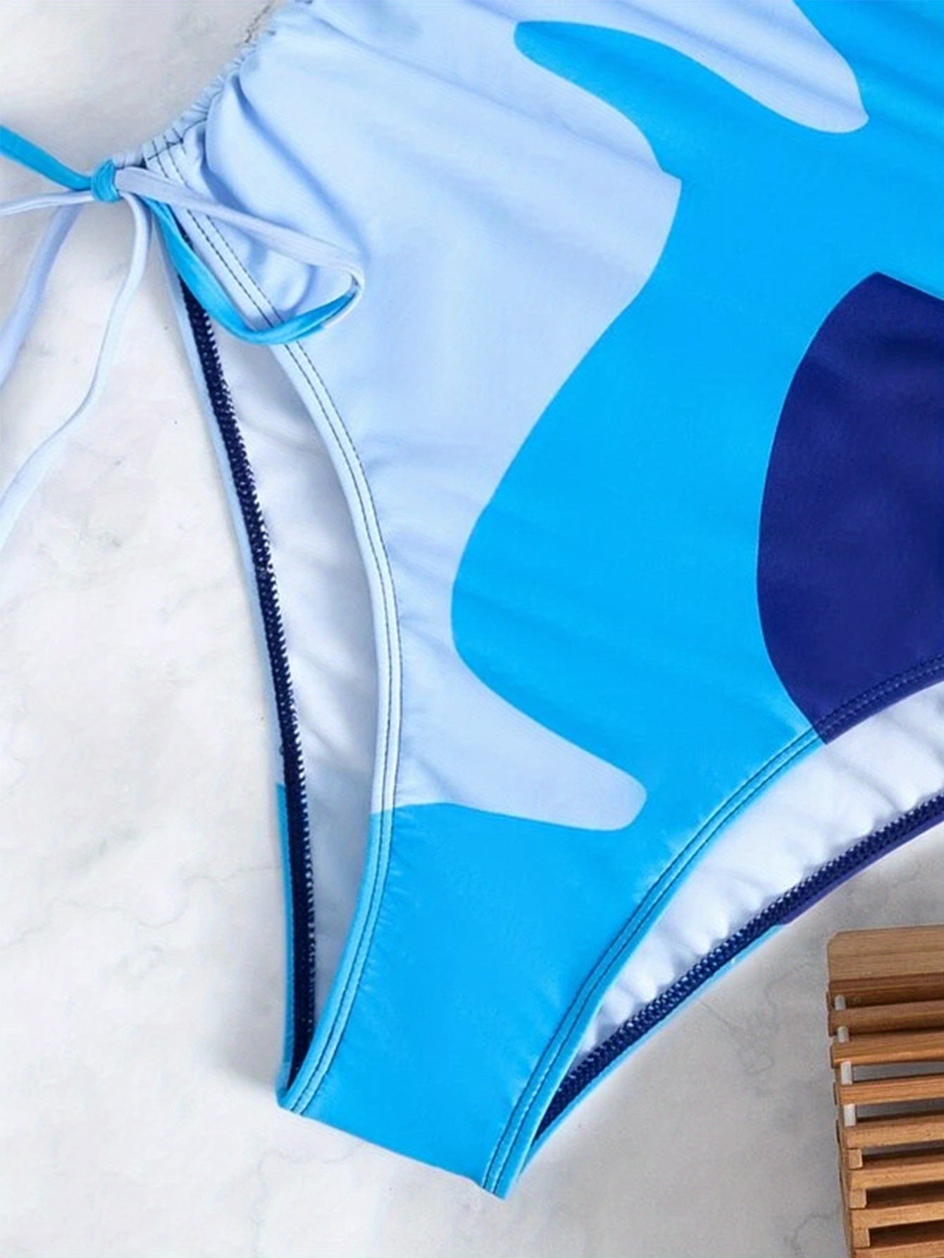 Blue Color Block Drawstring One-piece Swimsuit, Spaghetti Strap High Stretch Bathing Suits, Women's Swimwear & Clothing