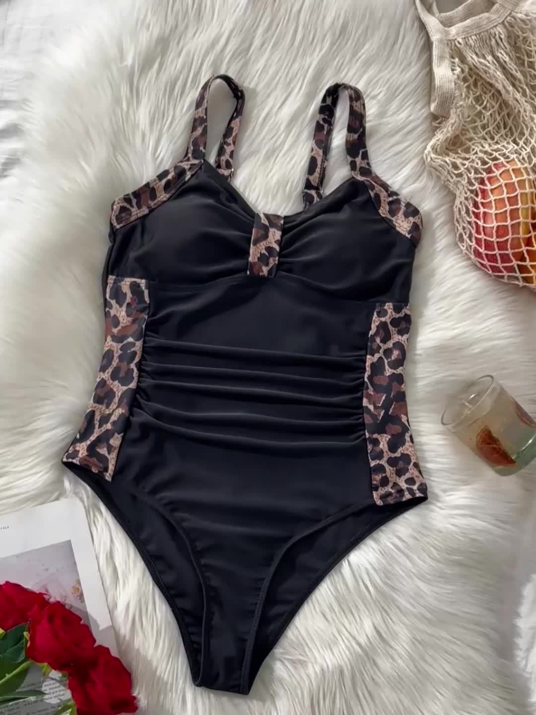 Leopard Print Patchwork One-piece Swimsuit, Ruched Adjustable Strap Stretchy Bathing Suits, Women's Swimwear & Clothing for Koningsdag/King's Day