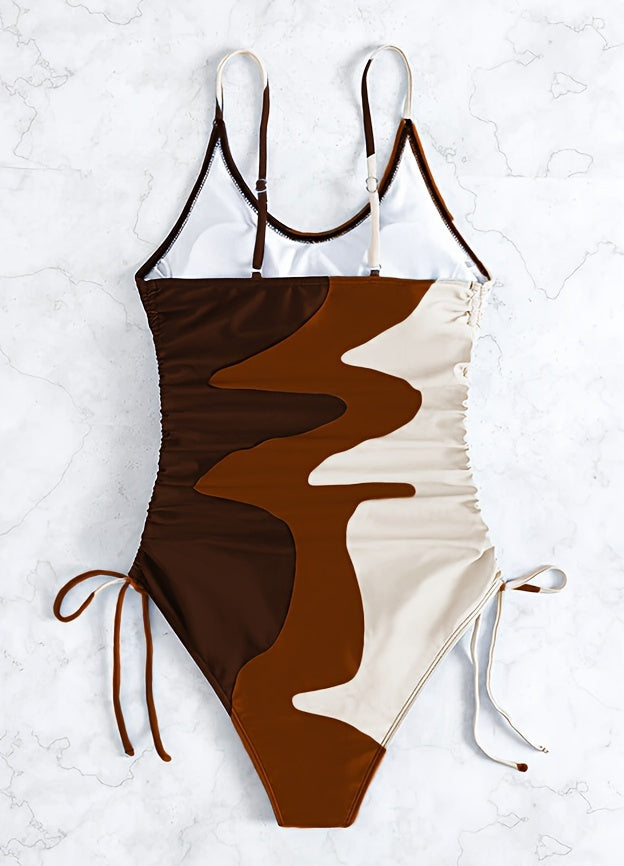Blue Color Block Drawstring One-piece Swimsuit, Spaghetti Strap High Stretch Bathing Suits, Women's Swimwear & Clothing