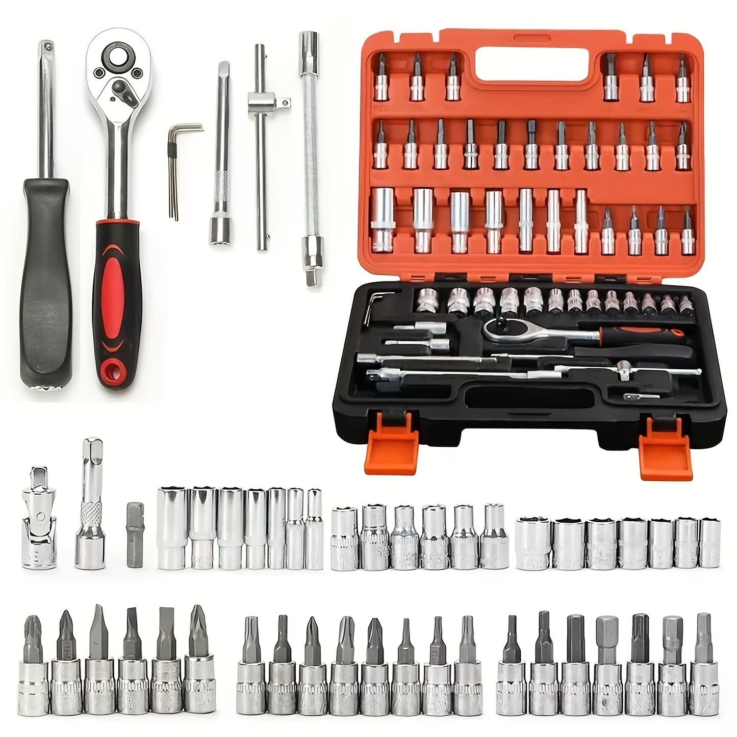 High-End Professional 53&121pcs Tool Set, Car/Bike Repair Machinery Tool Set, 1/2*1/4 "3/8" Drive Depth And Standard Socket, Professional Racing Car Parts Repair Ratchet Wrench And Other Car Repair Parts Tool Set