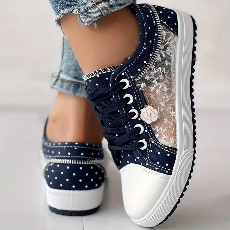 Women's Floral Mesh & Cover Casual Sneakers - Breathable Low-Top Lace-Up Round-Toe Spring Shoes with Sole for Casual Attire, Ladies Sneakers, Comfortable Footwear, Durable Traction Footwear ChicMe