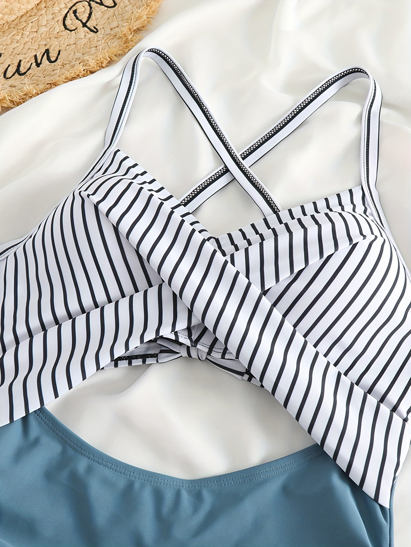 Striped Print Cut Out Twist One-piece Swimsuit, Criss Cross Tie Back Stretchy Bathing Suits, Women's Swimwear & Clothing