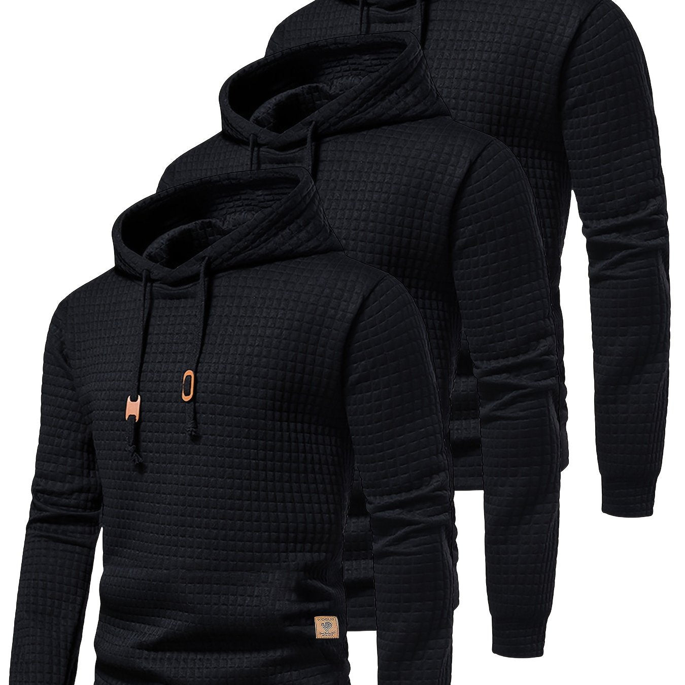 [Trending] 3pcs Men's Waffle-Knit Hoodies - Breathable, Moisture-Wicking & Quick-Dry for Running, Fitness & Casual Wear - Solid Color with Adjustable Drawstring