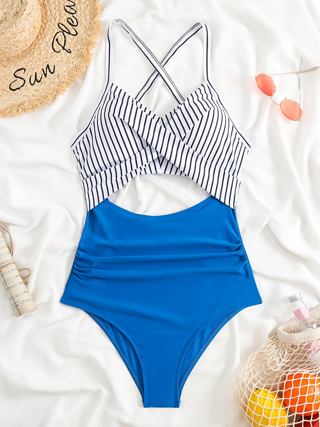 Striped Print Cut Out Twist One-piece Swimsuit, Criss Cross Tie Back Stretchy Bathing Suits, Women's Swimwear & Clothing