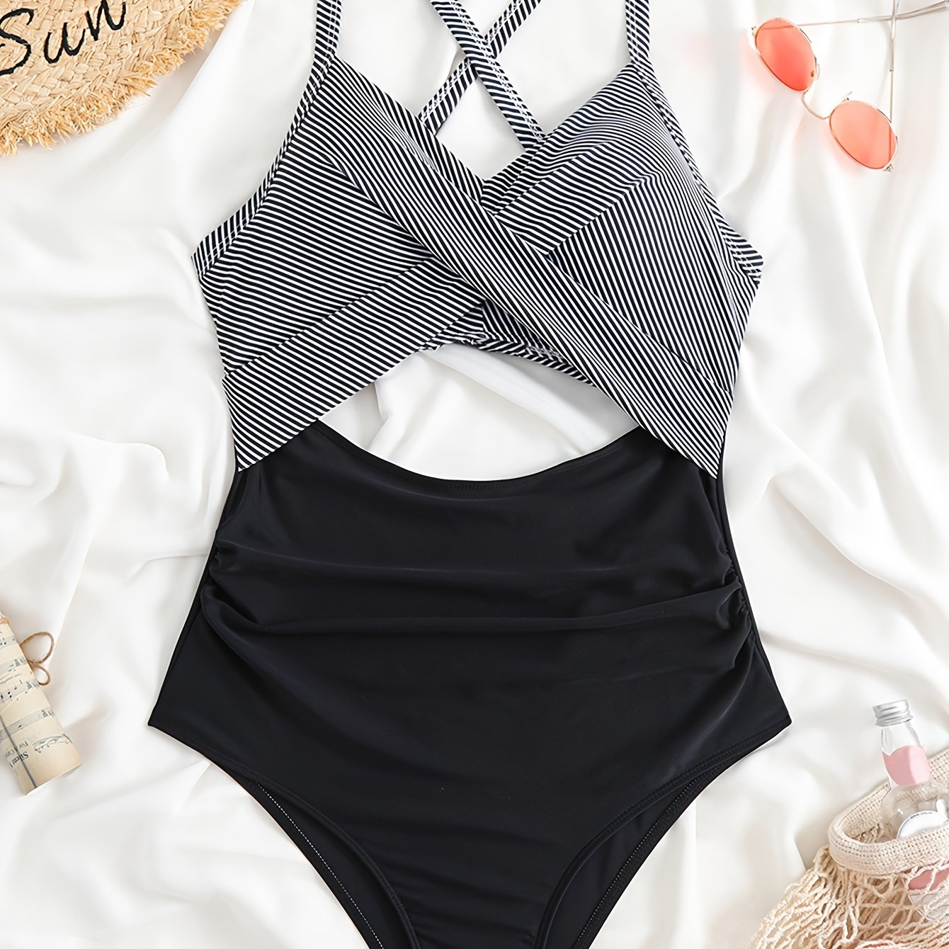 Striped Print Cut Out Twist One-piece Swimsuit, Criss Cross Tie Back Stretchy Bathing Suits, Women's Swimwear & Clothing
