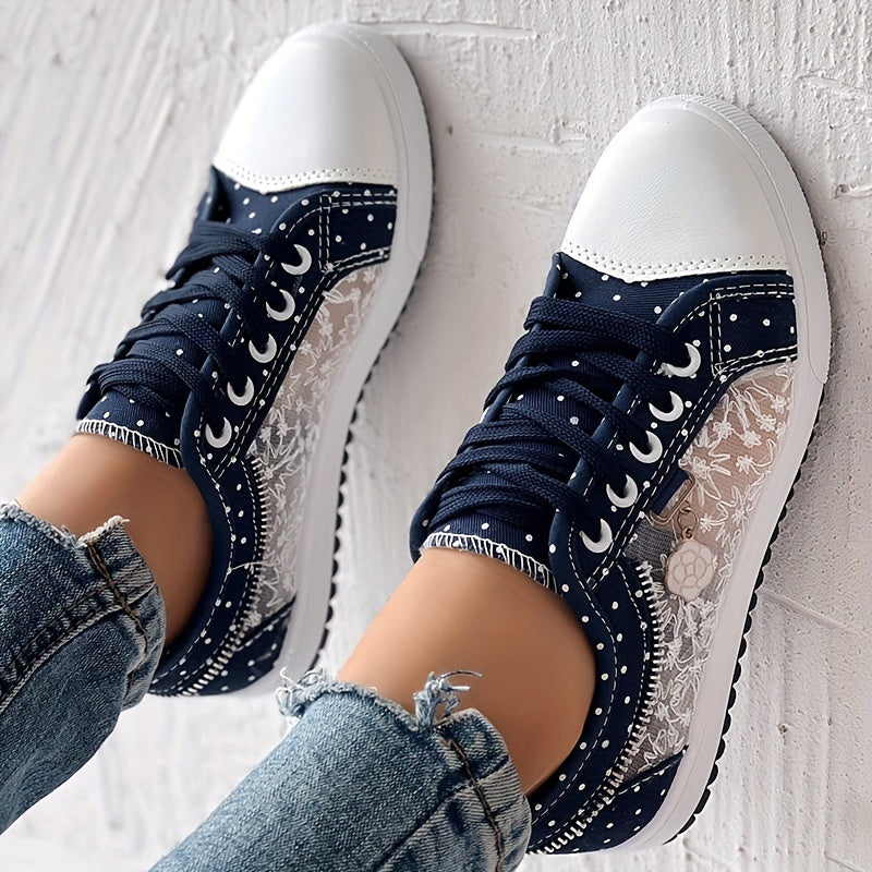 Women's Floral Mesh & Cover Casual Sneakers - Breathable Low-Top Lace-Up Round-Toe Spring Shoes with Sole for Casual Attire, Ladies Sneakers, Comfortable Footwear, Durable Traction Footwear ChicMe